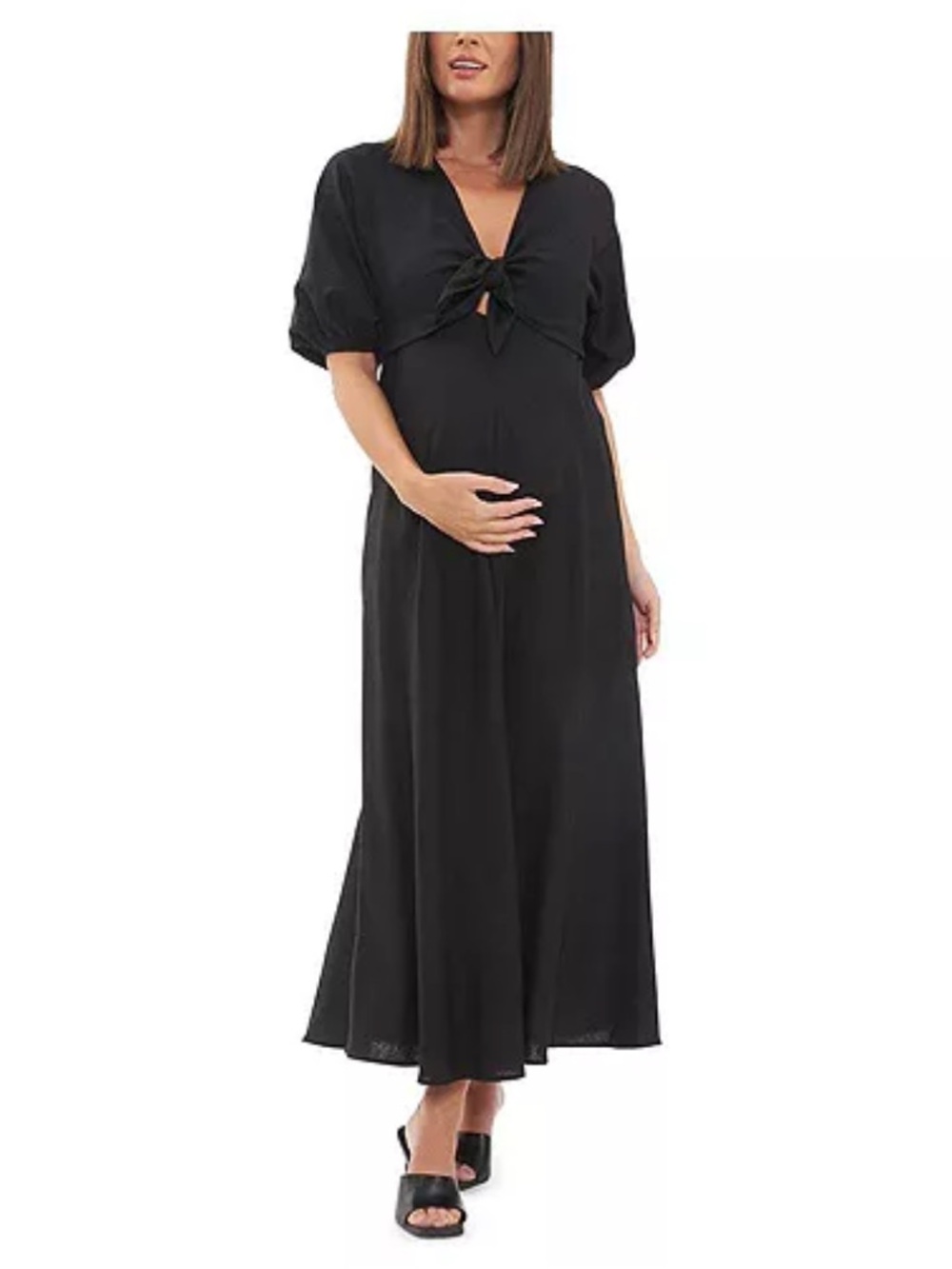 Ripe Maternity Linen Blend Black Maxi Dress with Tie Front and Puff Sleeves